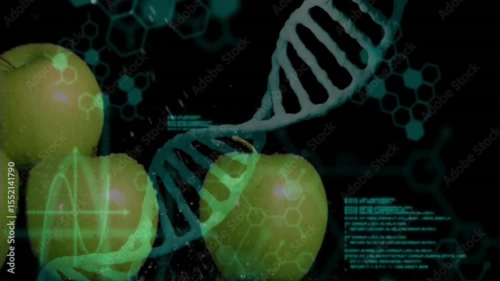 Poster dna helix sliding from right over three apples, animating code and status bars for genetic analysis
