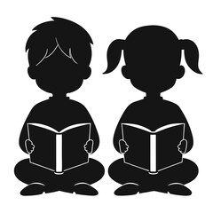 Silhouette of two children reading books vector