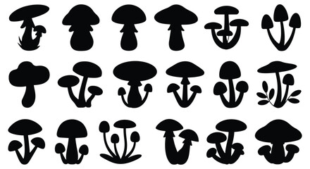 Mushroom silhouette, Forest mushrooms silhouette, Poisonous and edible various figure mushrooms silhouette, Set of forest mushrooms silhouettes on a white background