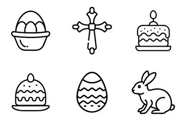 Easter icons including eggs, cross, cake, and bunny  