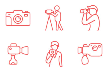 Camera icons in red line style representing photography concept  