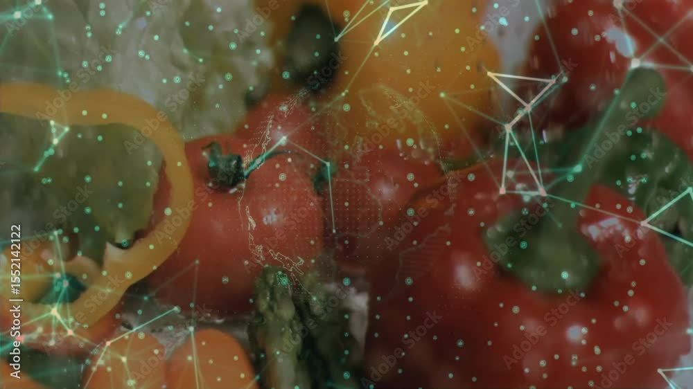 Poster green network overlay appearing over veggies and rotating dotted globe while visualizing food data