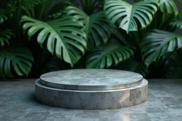 Round titanium tile podium with detailed texture, set against lush Monstera leaf forest background