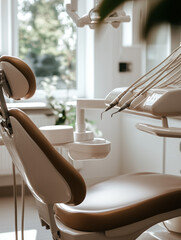 Modern dental clinic interior in beige tones. Clean, minimalistic, and professional environment. Perfect for healthcare, dentistry, interior design, and medical facility visuals.