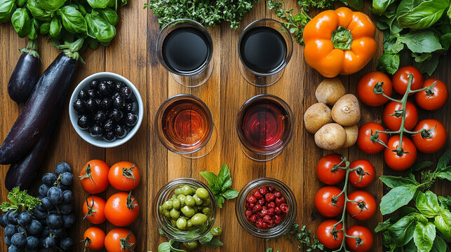 Wine Tasting with Mediterranean Diet Ingredients on Wood Table
