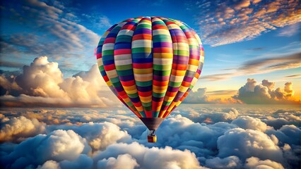 Fototapeta premium A vibrant hot air balloon floats gracefully above a sea of fluffy clouds during a colorful sunset