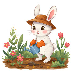Cute Bunny Gardener Watering Flowers Illustration on transparent background