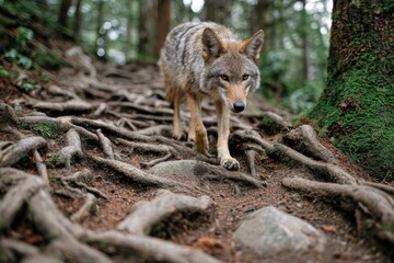 Fototapeta premium Wolf pup explores a forest trail among moss and tangled roots in a serene environment