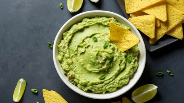 Fresh guacamole plating with tortilla chips and lime on slate background
