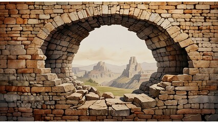 old wall, cracks in wall, hole in wall, brick wall, stone wall, stone texture, watercolor illustration