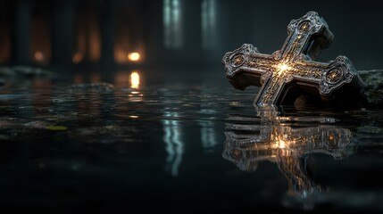 Ancient cross illuminated in a dark, flooded chapel during twilight hours