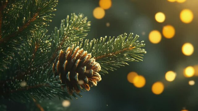 A pinecone perched on a snow-covered pine tree branch