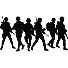Six black silhouettes of soldiers marching in formation