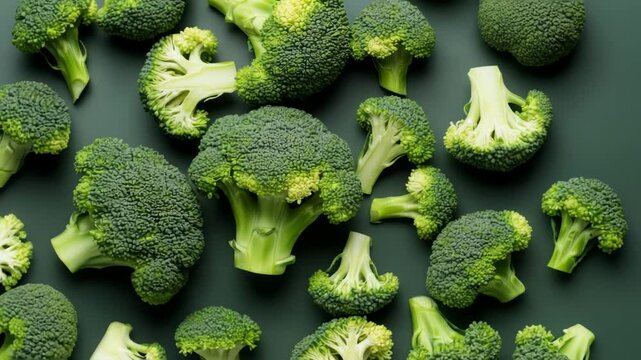 Fresh broccoli rotating on green surface in natural light transition