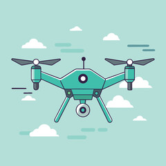 Teal drone with camera flying in a light blue sky with clouds