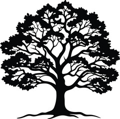Elegant vector silhouette of a tree with spring blossom flowers and green leaves, perfect for nature design and seasonal illustration