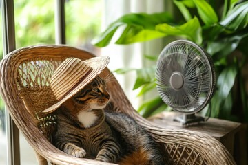 Cute tabby cat relaxing in a chair with straw hat near fan and green plants
