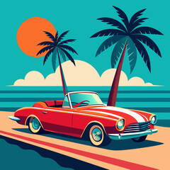 Retro red convertible driving along a tropical beach at sunset
