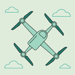 Teal drone with propellers flying among clouds quadcopter