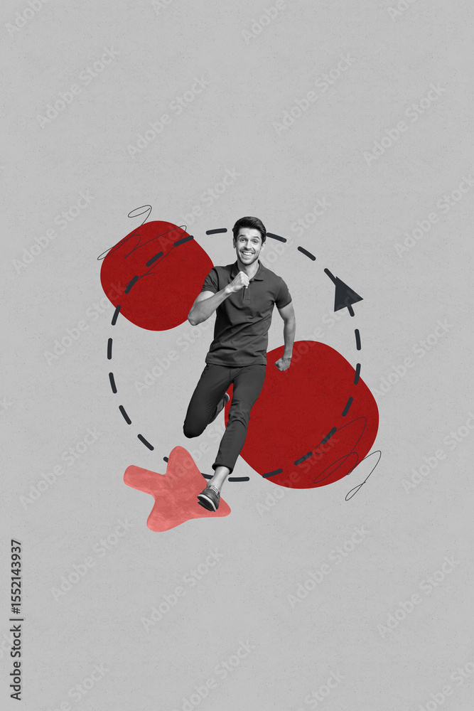 Aufkleber Trend banner collage of person run fast in lines circle figure with cursor on yellow color background