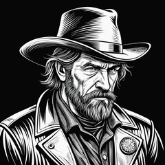 Intense cowboy portrait with hat and beard in black and white