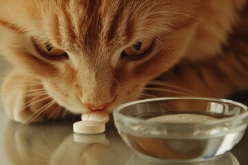 Curious orange cat sniffing white tablet with water bowl