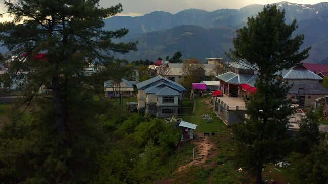 Scenic drone view of Shogran hill station in Kaghan Valley in the north Pakistan, with houses