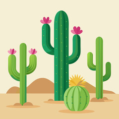 Desert landscape with various green cacti and pink flowers