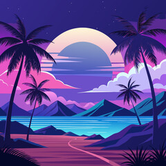 Fototapeta premium Tropical beach at sunset with palm trees and vibrant sky