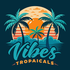 Fototapeta premium Tropical vibes palm trees sunset illustration