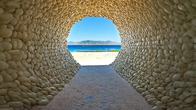 Entrance to an Eggshell Alleyway with Scenic Beach and Mountain View in Clear Blue Sky
