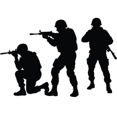 Three silhouetted soldiers in combat gear aiming rifles