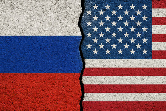 Cracked Wall Dividing United States and Russia Flags Symbolic Image of Diplomatic Separation, Global Uncertainty, and Strained Bilateral Relations