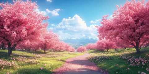 Beautiful cherry blossom pathway through blooming trees under a blue sky with mountains in the background during springtime
