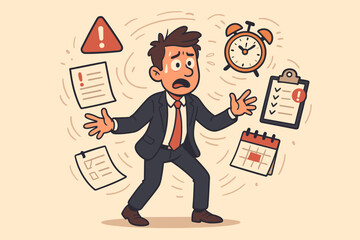 Stressed businessman character juggling tasks, feeling overwhelmed by work and pressure. Concept of multitasking, tight deadline, time management, anxiety and professional burnout.