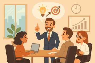 Business leader presenting an innovative idea and growth strategy to his team. Office meeting for achieving goals. Corporate communication, teamwork and leadership concept.