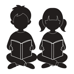 Two children reading books silhouette black and white