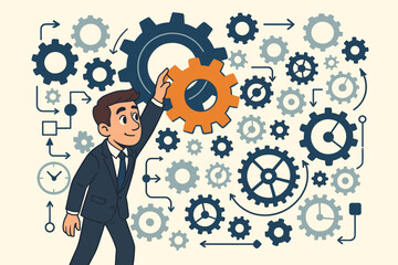 Business process optimization concept. Businessman manager adjusting gears. Workflow efficiency, project management, productivity and strategy metaphor. Man integrating cog in mechanism.