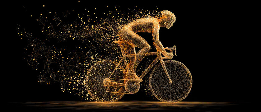 abstract silhouette of a man, cyclist riding a bike; profesional biker made of golden particles; unique panoramic banner with minimalistic aesthetic