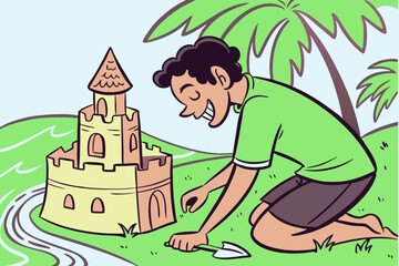Humorous image of a man joyfully building a sandcastle on the beach, surrounded by palm trees and water, showcasing creativity and fun in a sunny outdoor environment with copy space