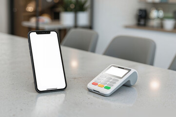 A blank smartphone and card reader sit on a white table in a bright setting