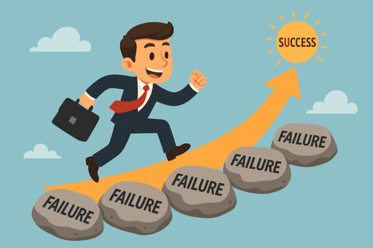 Businessman climbing stepping stones labeled failure toward success, business growth journey, perseverance, overcoming obstacles, motivation, leadership, ambition, achievement, vector illustration