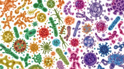 Scientific illustration showing diverse gut bacteria interacting with human immune cells