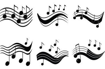 Naklejka premium Six black musical notes on staffs with wavy lines musical staff black and white