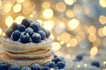 Fluffy pancakes with blueberries and powdered sugar against bokeh lights