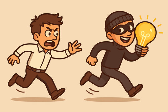 Intellectual Property Theft Concept, Idea Stealing, Vector Cartoon Illustration. Thief Running with Lightbulb, Creator Chasing, Copyright Infringement, Innovation Piracy, Business Security Metaphor