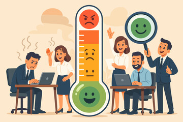 Emotional Thermometer Gauge Measuring Stress, Happiness, and Productivity in Office Workplace. Employees Displaying Mixed Moods and Job Satisfaction Levels. Team Performance Vector Concept