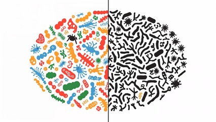 Fototapeta premium Split-screen illustration comparing a healthy diverse gut microbiome with a damaged, unhealthy microbiome