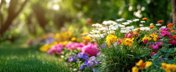 Obraz premium The Colorful Flower Garden in Early Morning Sunlight