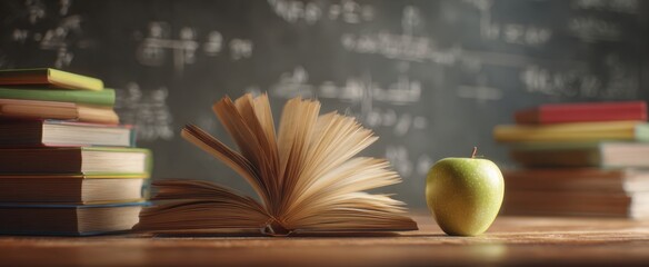 The open book and green apple on a classroom desk.